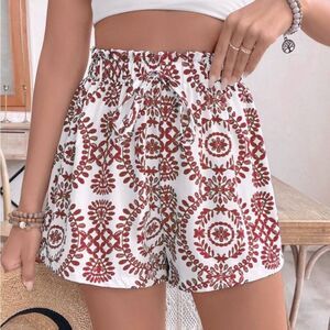 Red Medallion Print Paperbag Waist Shorts Med
